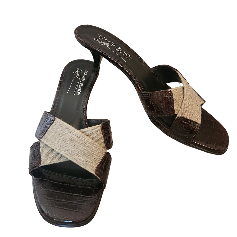 Donald J Pliner "Kiki" Brown Croc-Embossed & Linen Kitten Heel Slides SZ: 9.5M
